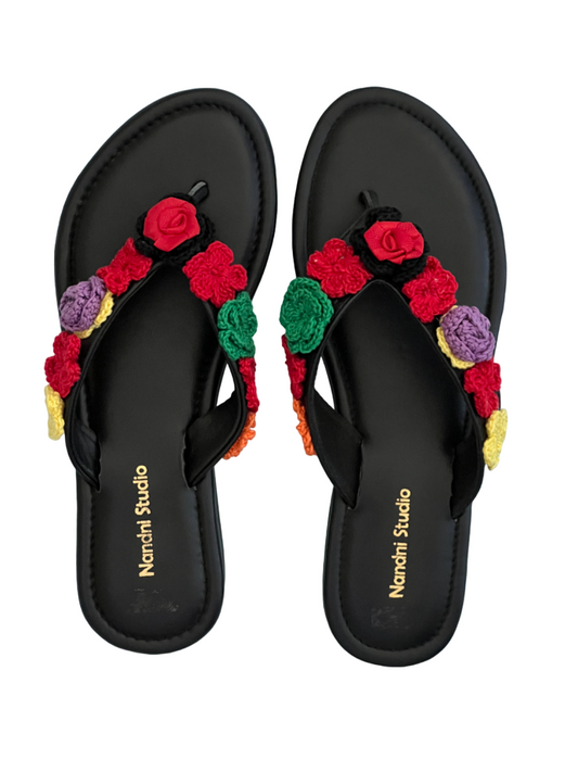 V strap flats with crochet flowers
