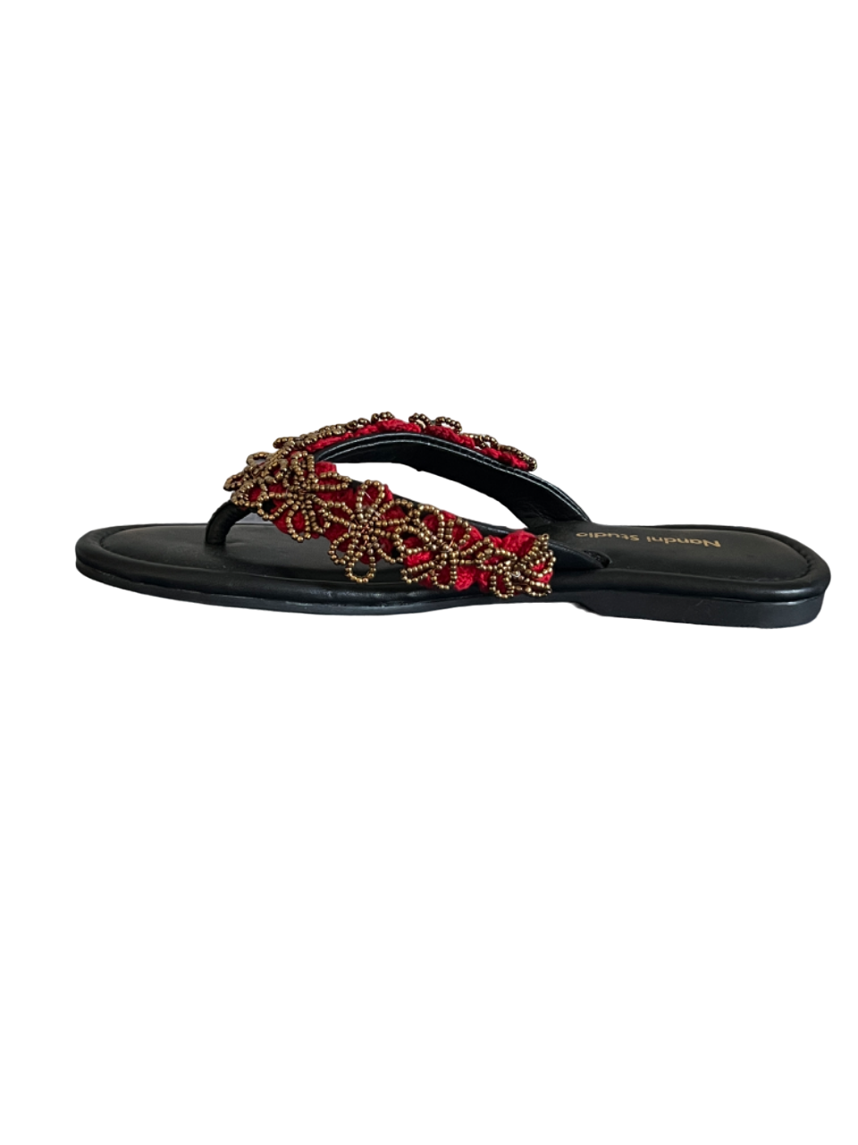 V strap flats with crochet and bead flowers
