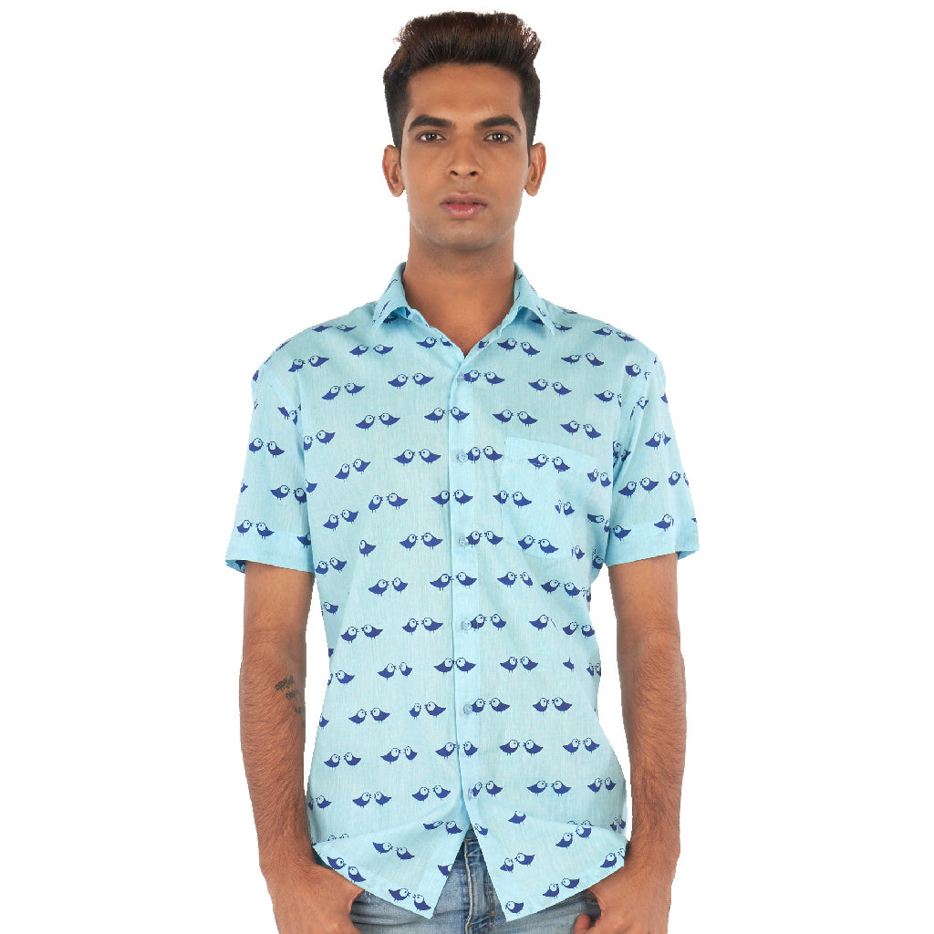 Bird print blue shirt