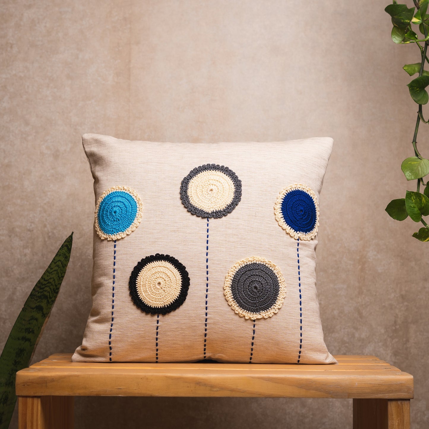 Crochet circles cushion cover (Blue) - Beige