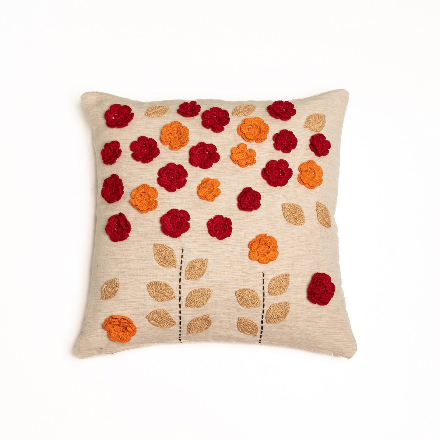 Crochet red and orange flowers cushion cover - Beige