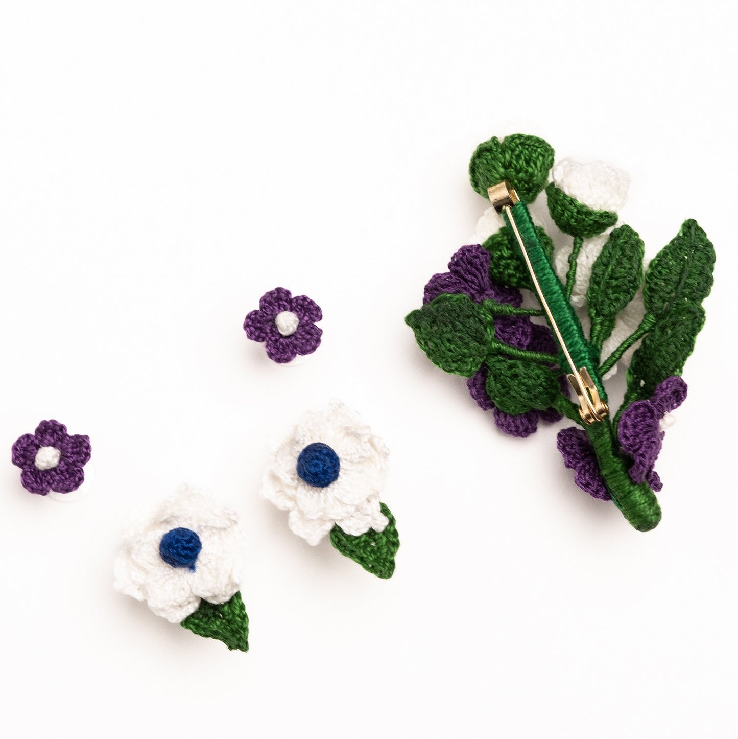 Purple flower brooch and earrings