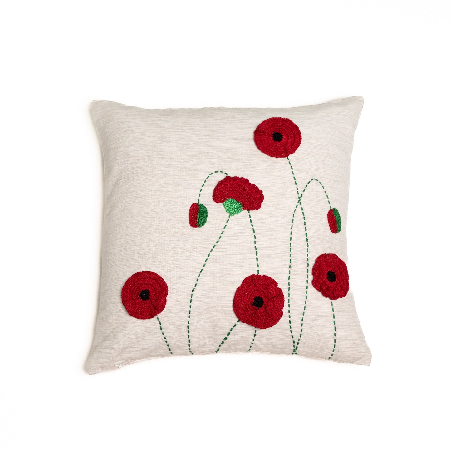 Crochet red poppies cushion cover - Ivory