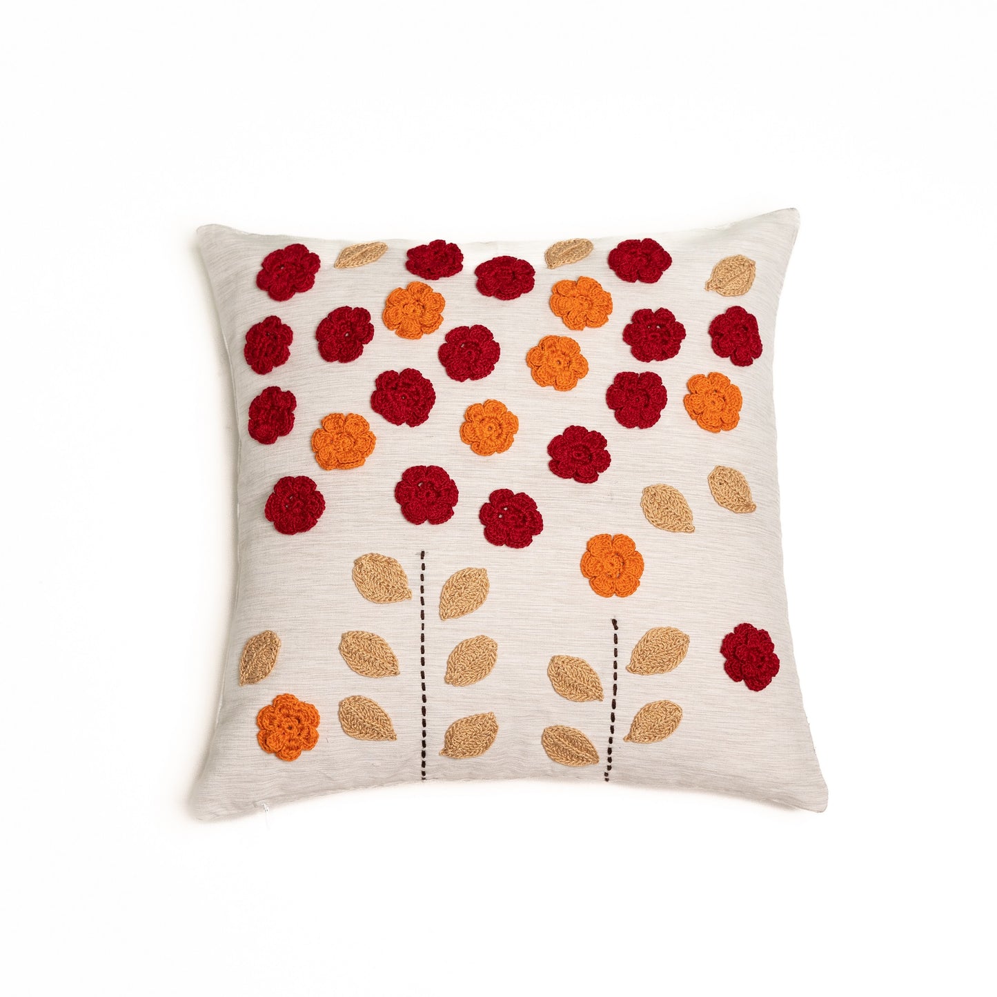 Crochet red and orange flowers cushion cover - Ivory