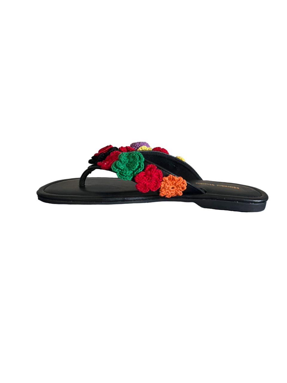 V strap flats with crochet flowers