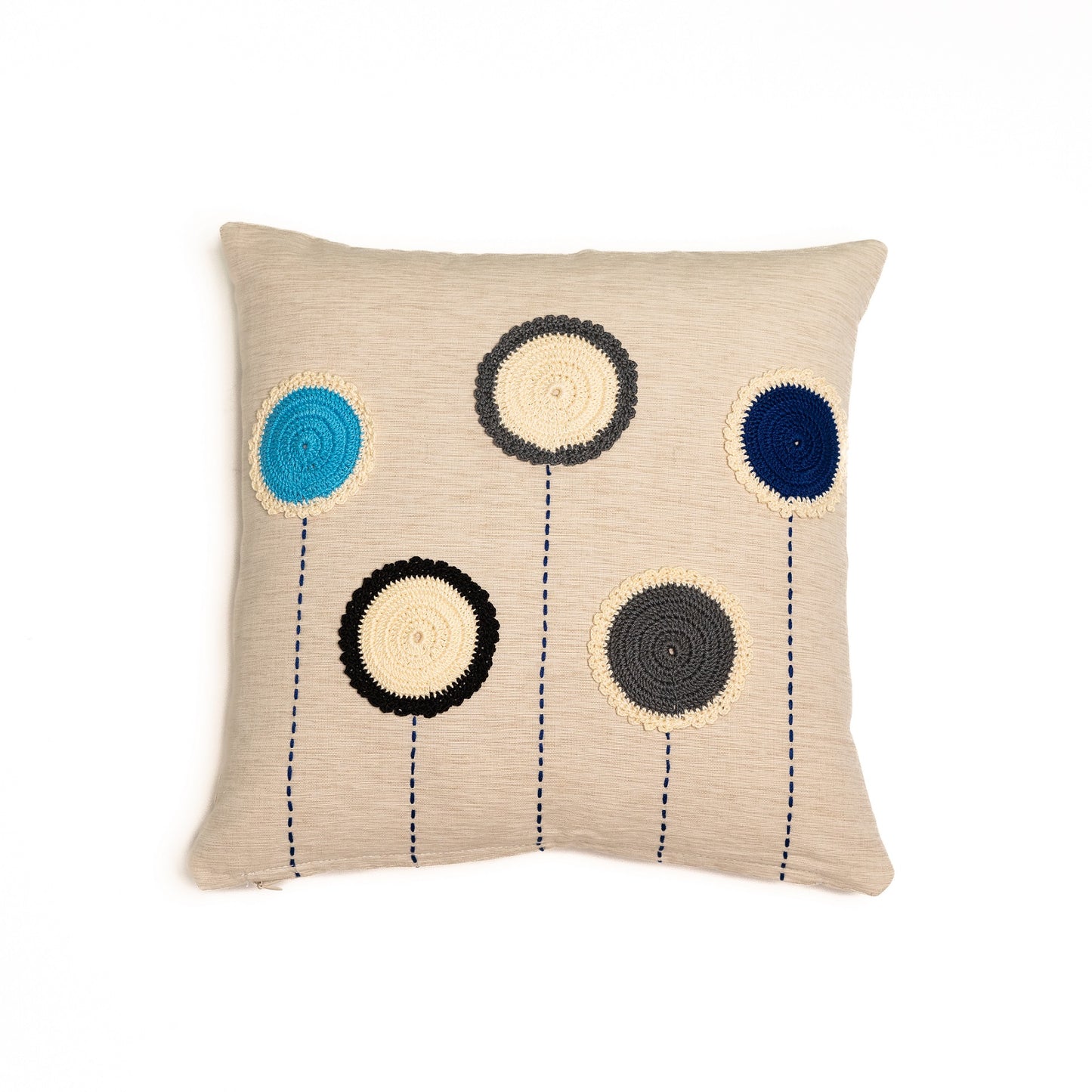 Crochet circles cushion cover (Blue) - Beige