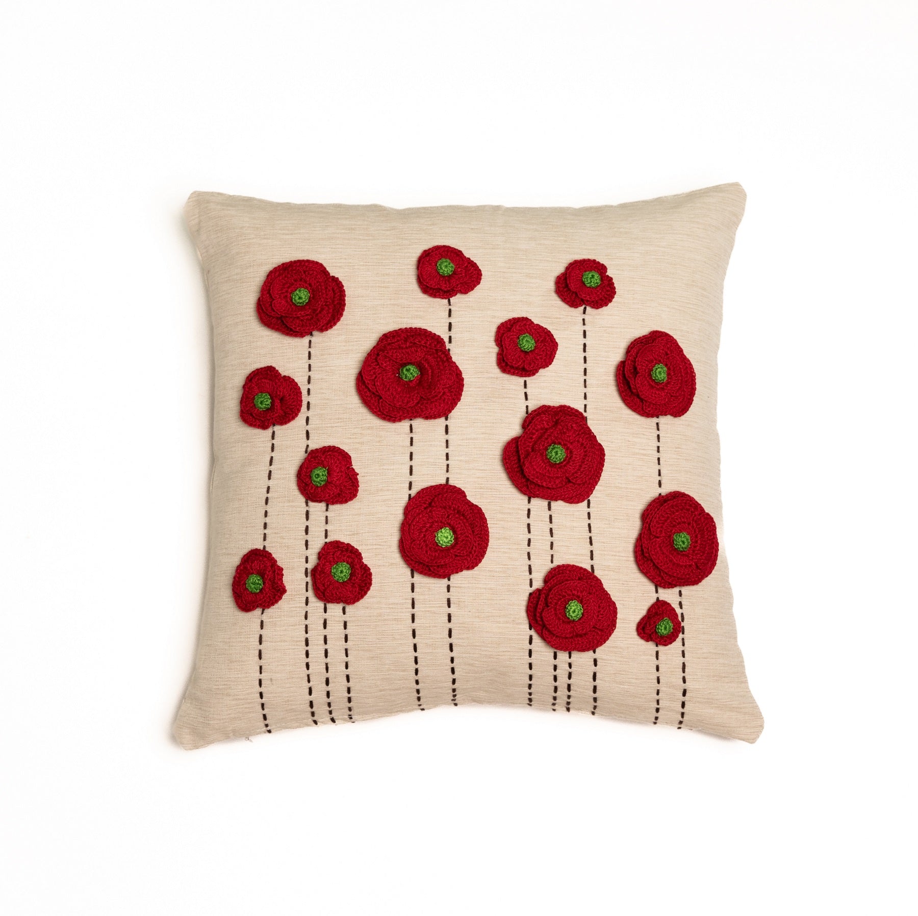Crochet red layered flowers cushion cover Beige