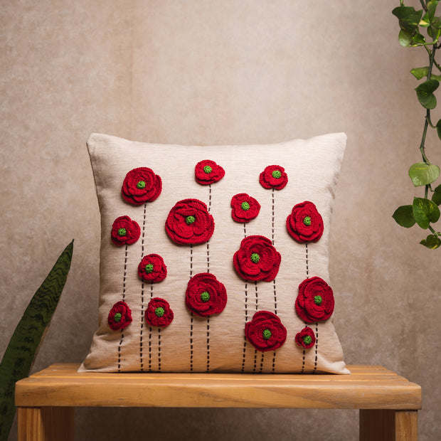 Crochet red layered flowers cushion cover - Beige