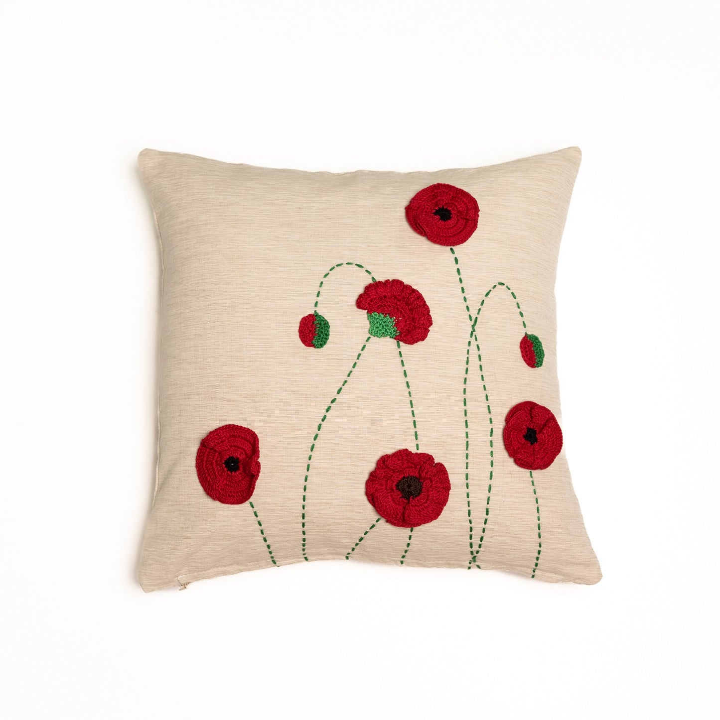 Crochet red poppies cushion cover - Beige