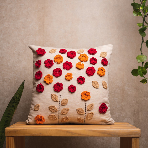 Crochet red and orange flowers cushion cover - Beige