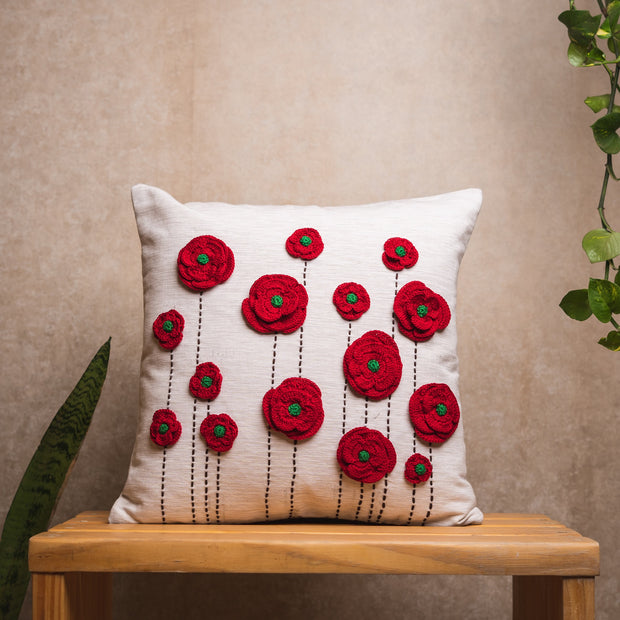 Crochet red layered flowers cushion cover - Ivory