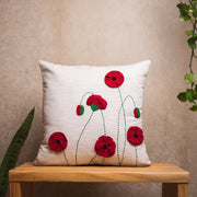 Crochet red poppies cushion cover - Ivory