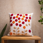 Crochet red and orange flowers cushion cover - Ivory